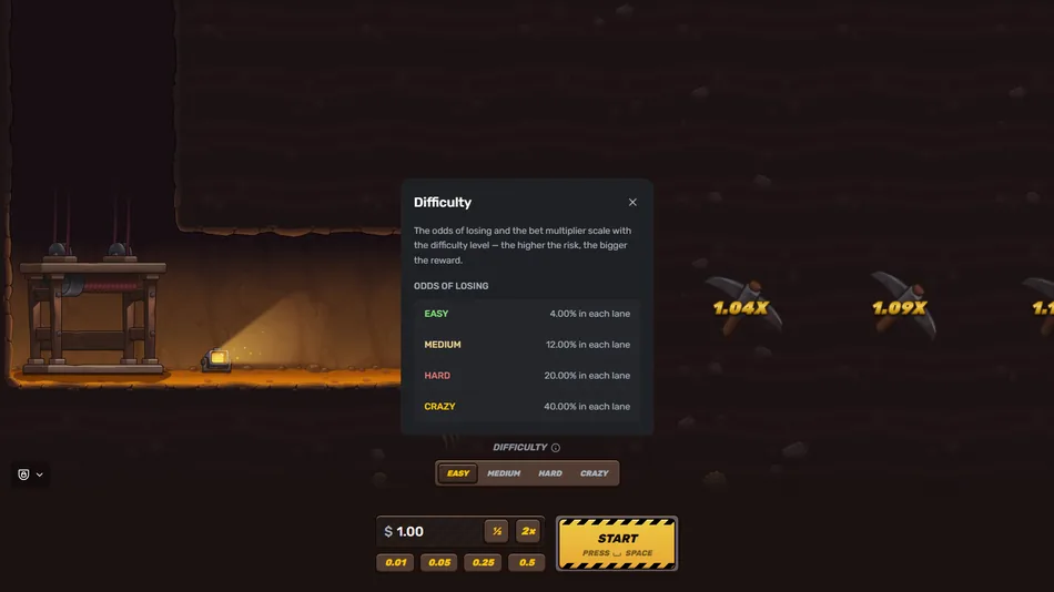 Digger Jackpot crash game difficulty selection screen with Easy Medium Hard and Crazy options