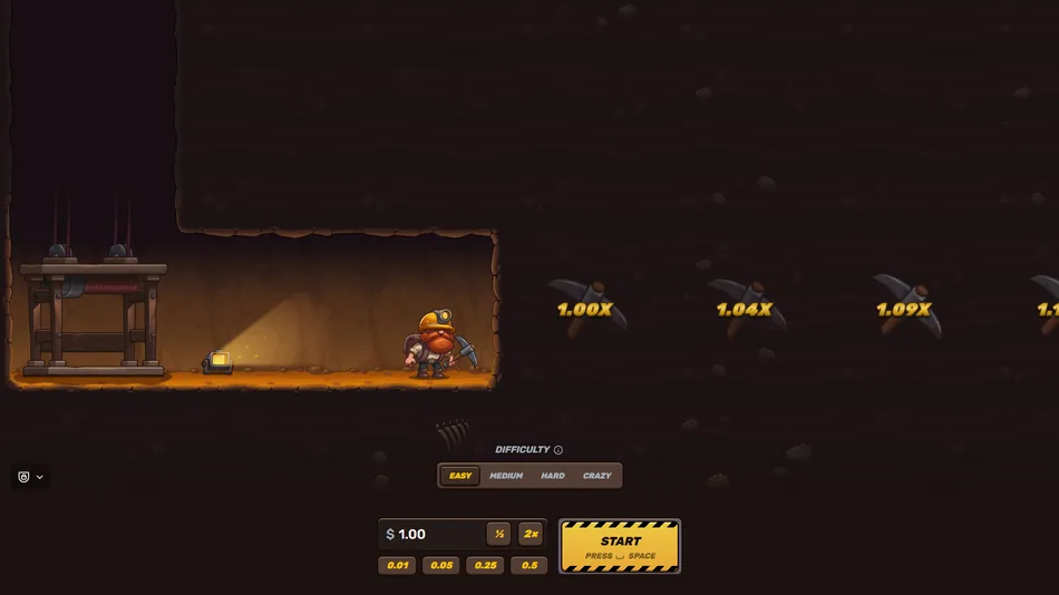 Digger Jackpot mine shaft scene with the miner character at the start of the descent
